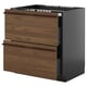 Moderne keukenkast, donkerbruin, houtafwerking, twee lades, strak design.