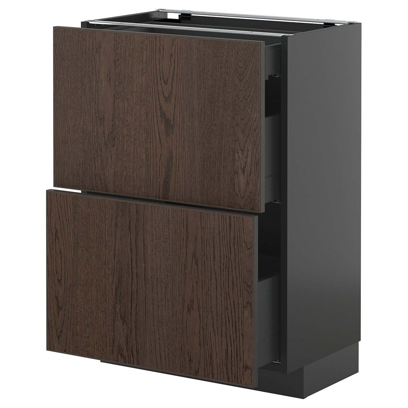 Moderne donkerbruine eikenhouten kast met twee lades en een groot vak.