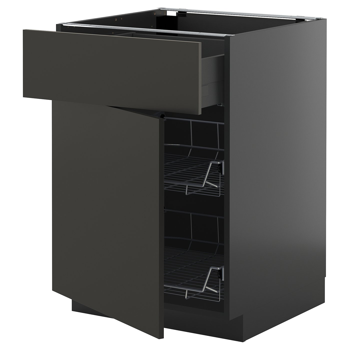 Modern grijs keukenblok met open lade en draadmanden, strak design.