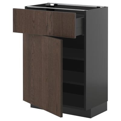 Donkerbruine keukenkast met lade, verstelbare planken, strak design.