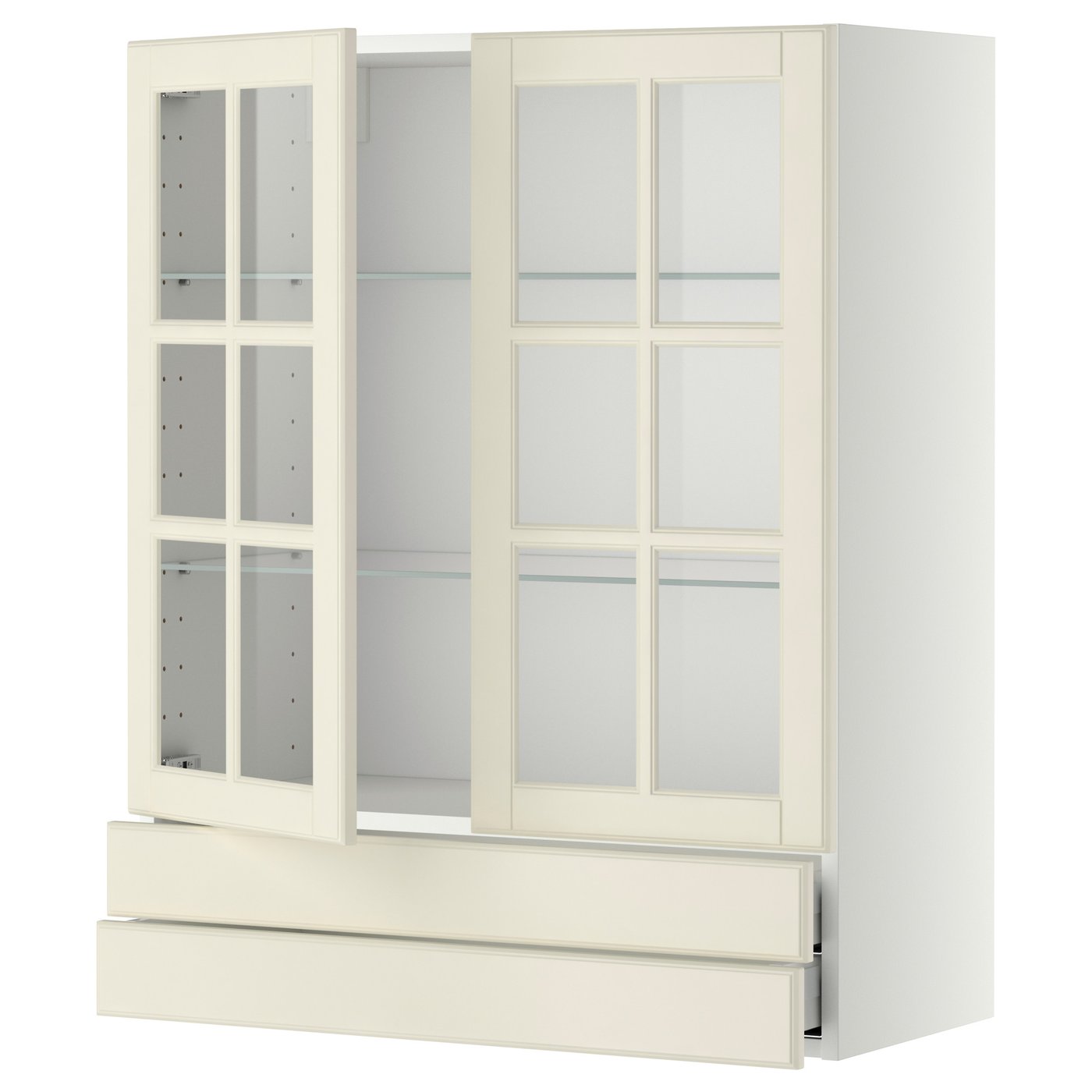 METOD / MAXIMERA Bovenkast m 2 vitrinedeuren/2 lades wit/Bodbyn ecru 80x100 cm