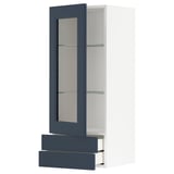 Moderne blauwe glazen deurkast voor keuken of badkamer met verstelbare planken en soft-close lades, strak minimalistisch design.