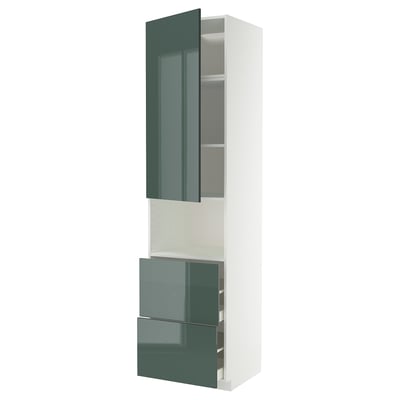 METOD hoge kast, glanzend groengrijs, modern minimalistisch design, wit frame, twee open vakken, strakke uitstraling.