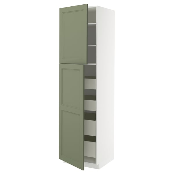 METOD hoge groene kast, witte planken, grijsgroene deur, modern design.