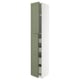 Een hoge witte kast met twee groene deuren en meerdere lades ertussen. Het ontwerp is modern en functioneel.