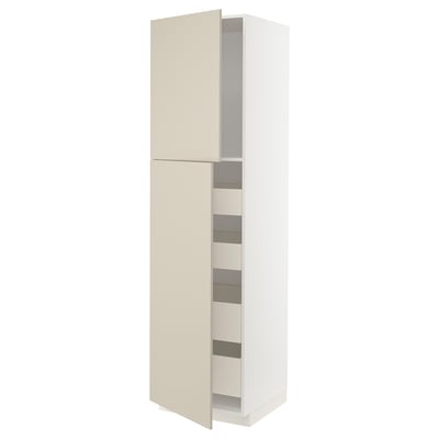 METOD keukenblok, beige, wit & grijs, hoog, 2 deuren, 4 planken.
