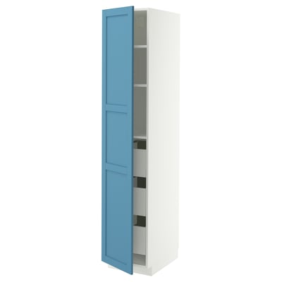 Blauwe hoge kast met witte planken, modern design, stevig frame.