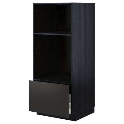 Moderne zwarte keukenkast met lade, twee planken, strak design.