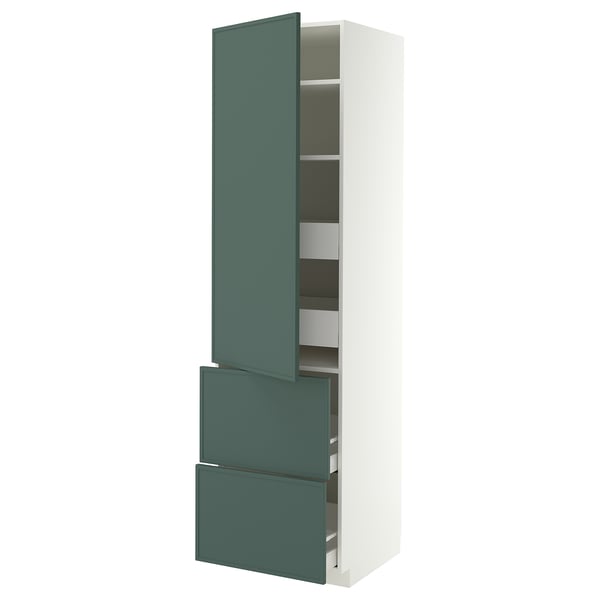 METOD / MAXIMERA Hoge kast&plank/4 lade/deur/2 front, wit/Aspudden donker grijsgroen, 60x60x220 cm