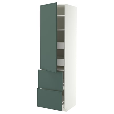 METOD / MAXIMERA Hoge kast&plank/4 lade/deur/2 front, wit/Aspudden donker grijsgroen, 60x60x220 cm