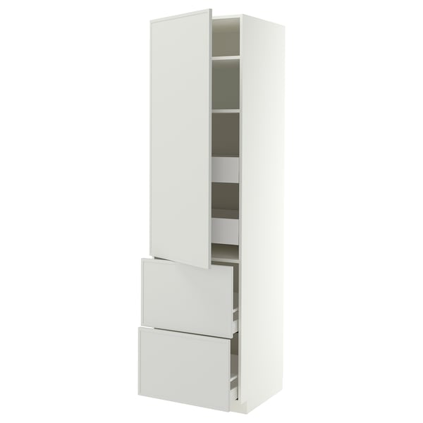 METOD / MAXIMERA Hoge kast&plank/4 lade/deur/2 front, wit/Aspudden lichtgrijs, 60x60x220 cm