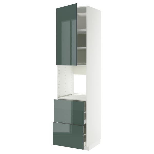 Modern keukenblok: METOD met hoogglans groengrijze kallarp deuren, wit frame, drie legplanken, twee lades.