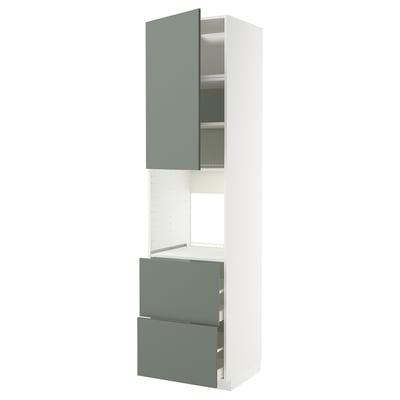 Moderne, witte en groene keukenkast met lades en planken.