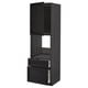 Zwarte keukenkast met planken en lades, modern design.