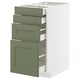 METOD keukenkast met grijsgroene bijllades, modern design, wit frame, 4 lades.