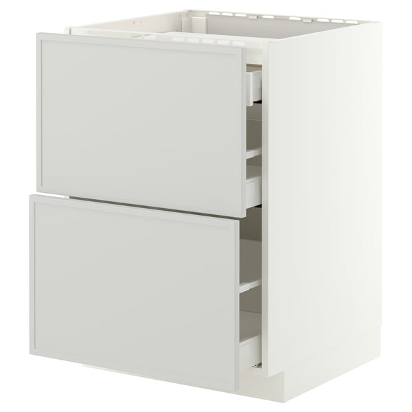 METOD / MAXIMERA Onderkast kookplaat/2 front/3 lade, wit/Aspudden lichtgrijs, 60x60 cm