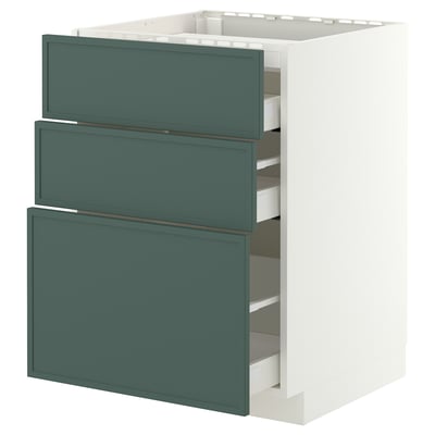 METOD / MAXIMERA Onderkast kookplaat/3 front/3 lade, wit/Aspudden donker grijsgroen, 60x60 cm