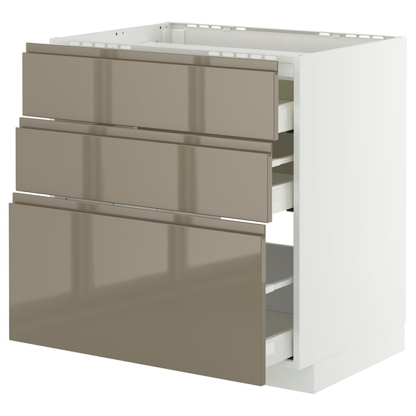 Moderne keukenkast: METOD met 3 hoogglans donkergrijsbruine lades, strak design.