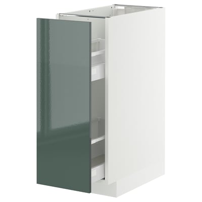 METOD keukenkast in wit met hoogglans grijsgroene deur, open om planken te tonen.