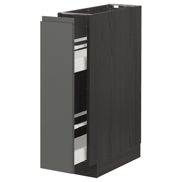 Een ikea METOD keukenblok in donkergrijs met een houten afwerking en drie uittrekbare planken.