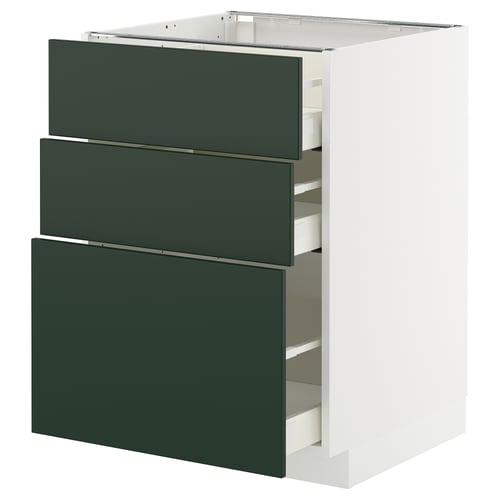 Een witte METOD keukenkast met drie groene lades. De kast heeft een modern design met strakke, greeploze lades die soepel schuiven.