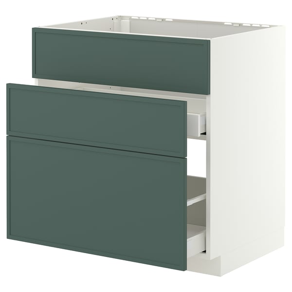 METOD / MAXIMERA Onderkast spoelbak+3 front/2 lades, wit/Aspudden donker grijsgroen, 80x60 cm