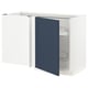 Moderne blauw-witte keukenkast met uittrekbare plank.