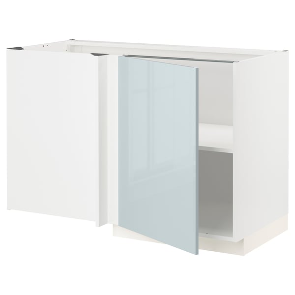 Een witte METOD hoekkeukenkast met een hoogglans grijsblauwe deur. Het is een verstelbare plank en een modern design.