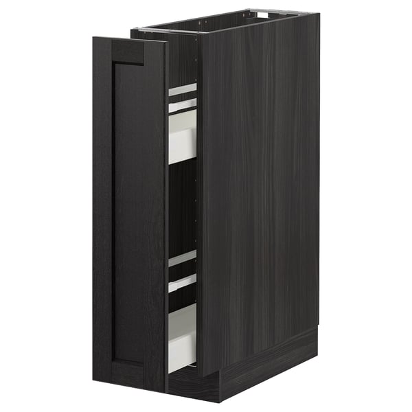 METOD zwarte kast, moderne keuken opberger. Lang, rechthoekig met afgeschuinde randen, essenhouten textuur.