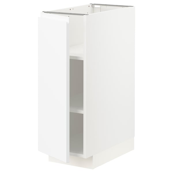 Een witte METOD keukenkast met een modern, minimalistisch design. Het is rechthoekig, met een stevig frame en verstelbare planken.