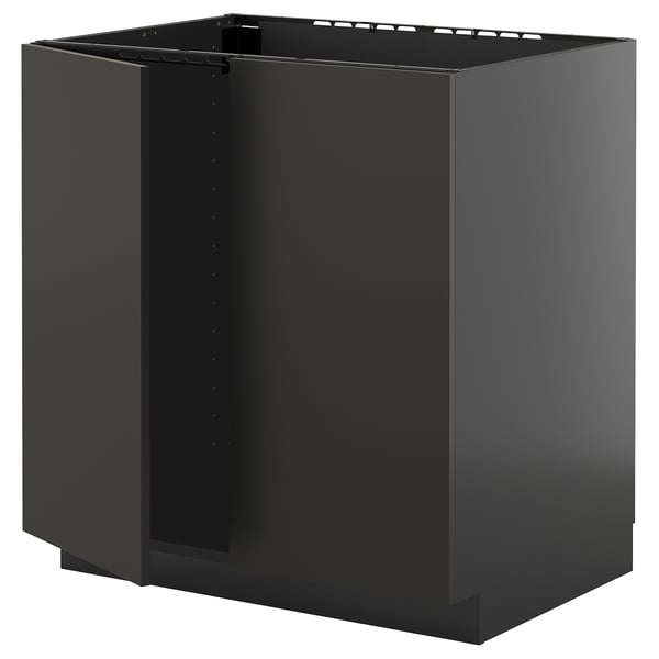 Zwarte keukenkast, modern design, glanzende afwerking.