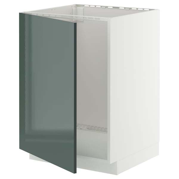 Hoogglans grijsgroene keukenkast met wit frame en deuren uit.
