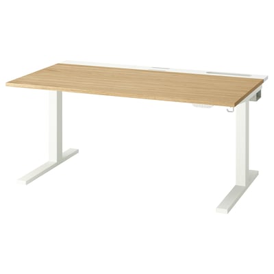 MITTZON sta-bureau, lichtbeige, eiken blad, witte poten, elektrische hoogteverstelling, strak modern design.