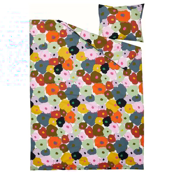 Helder gebloemd beddengoed set, kleurrijk. Veelkleurige bloemen op een zachte mix van katoen en viscose.