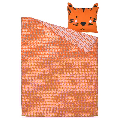 Oranje beddengoed met tijgerthema met bijpassend kussen en laken met patroon, met speels ontwerp voor kinderen.