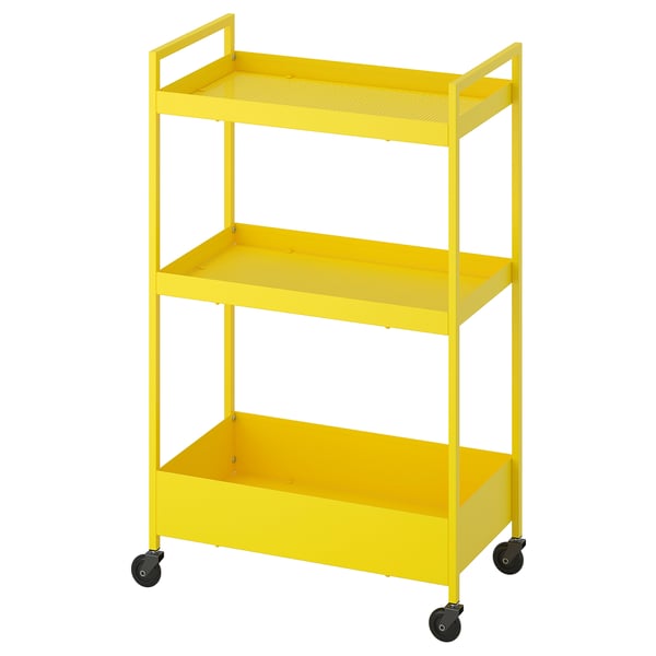 Felgele metalen trolley met drie niveaus en wielen, perfect voor opslag en organisatie.