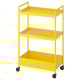 Felgele metalen trolley met drie niveaus en wielen, perfect voor opslag en organisatie.