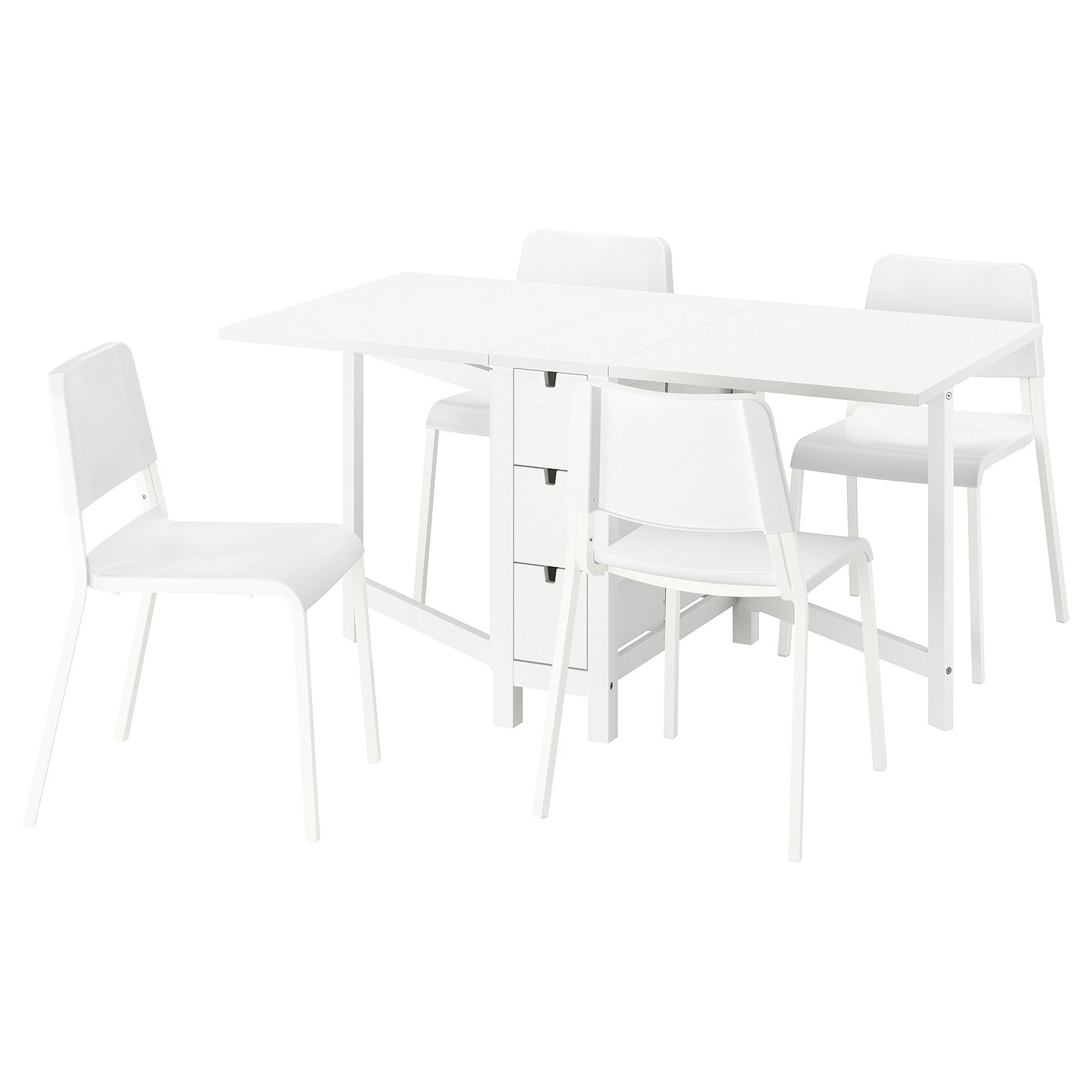 Witte NORDEN uitschuifbare eettafel met 4 stapelbare stoelen, modern design.