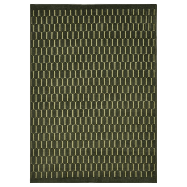 Donkergroen tapijt met geometrisch patroon, rechthoekig, gerecycled polyester.