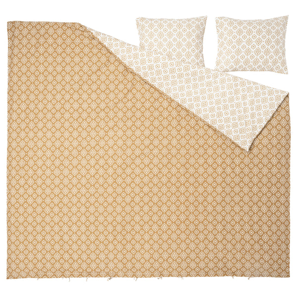 ORMÄNGSFLY: bruin-oranje patroon quilt & 2 kussens, katoen-viscose mix.