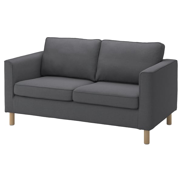 Donkergrijze PÄRUP loveseat, modern design, tweekleurige stof, houten poten.