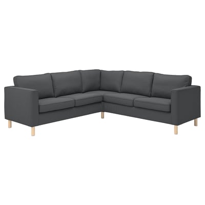 Een PÄRUP donkergrijze hoekbank met een ribfluwelen bekleding met brede ribben, met lichte houten poten en een modern, comfortabel design.