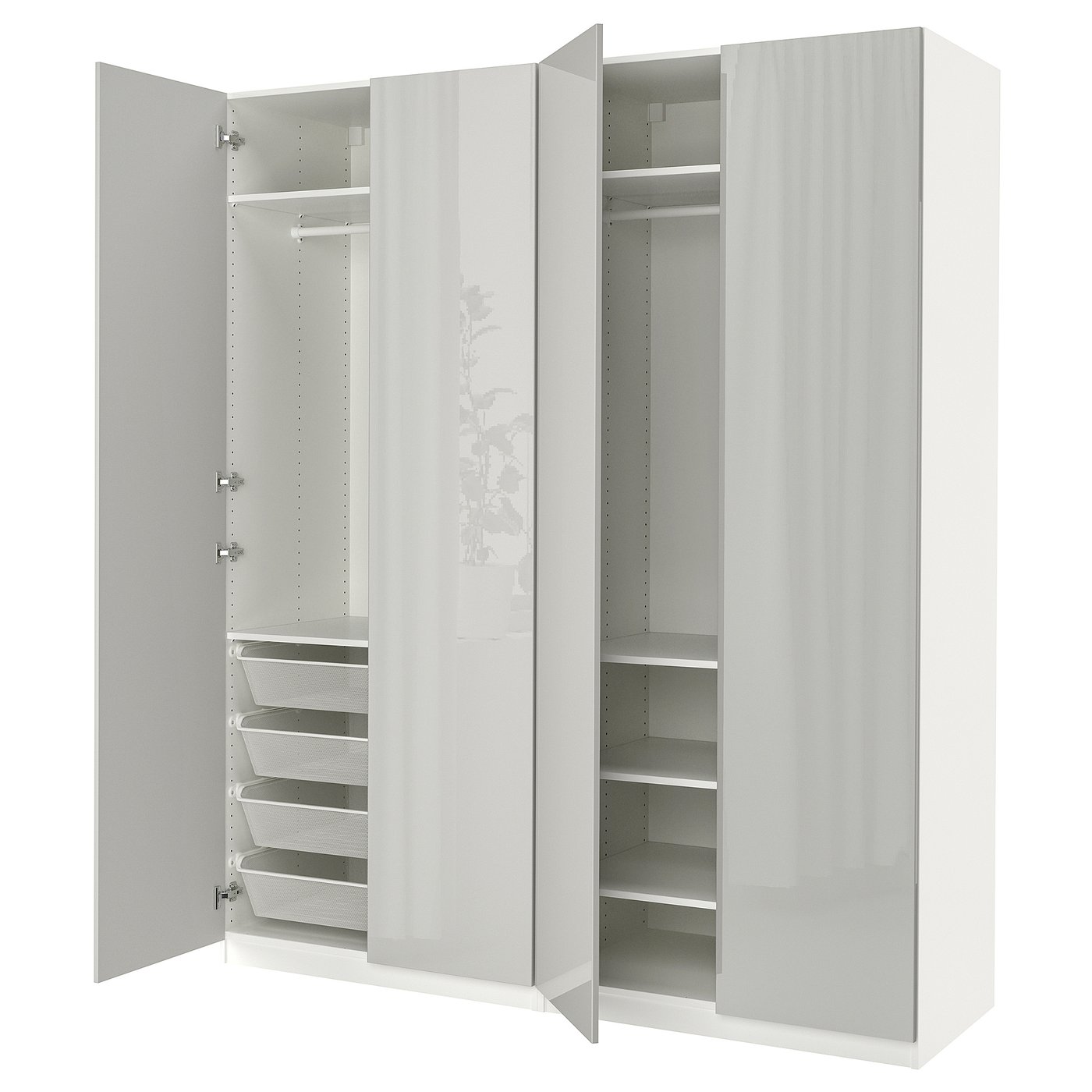 Deze afbeelding toont een witte PAX-kledingkast met open deuren die opbergvakken onthullen en gaasmanden aan de binnenkant.