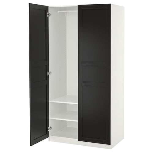 Ikea PAX kledingkast, wit en zwart, rechthoekig, slank ontwerp, twee deuren, een plank binnen, zachtsluitende scharnieren.