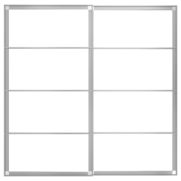 Een modulair PAX kledingkastframe, zilver, met meerdere secties klaar voor panelen.