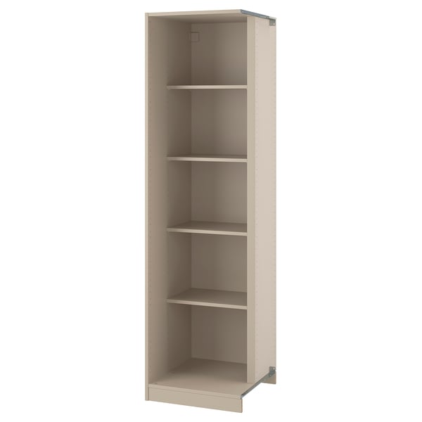 Een ikea PAX open rek in beige. Het heeft drie planken, verstelbare poten en een gladde, semi-matte papierafwerking.