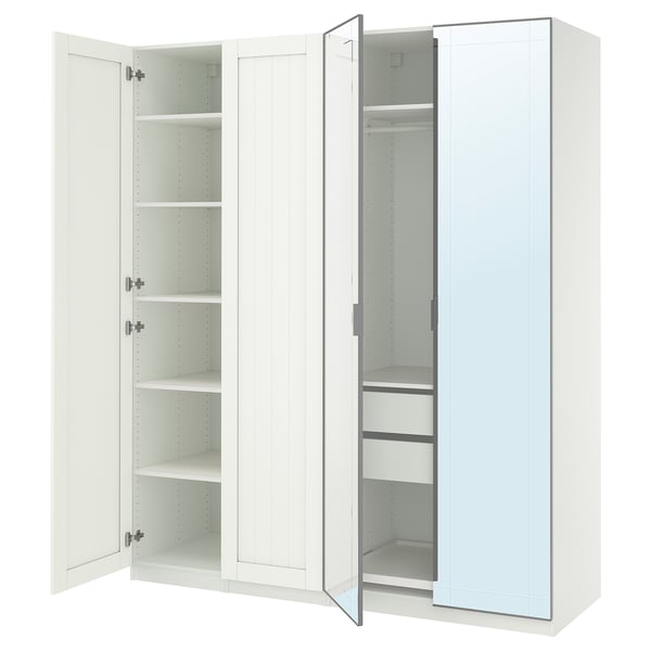 Witte ikea PAX kledingkast met open deuren, verstelbare planken, hanggedeelte, spiegeldeur.