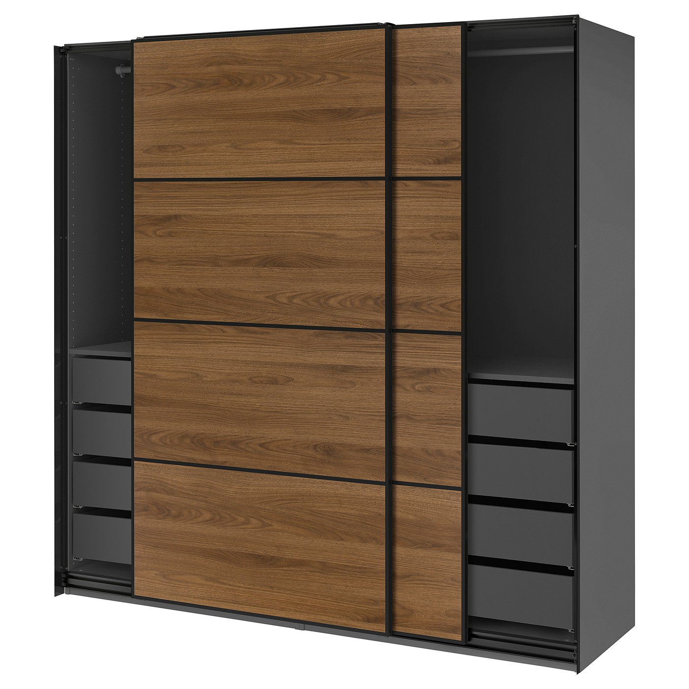 PAX / MEHAMN Kledingkast met schuifdeuren donkergrijs zwart/tweezijdig walnoot 200x66x201 cm