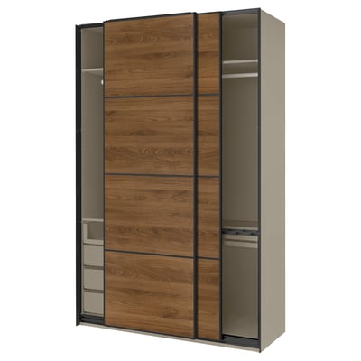PAX / MEHAMN Kledingkast met schuifdeuren, grijsbeige zwart/tweezijdig walnoot, 150x66x236 cm