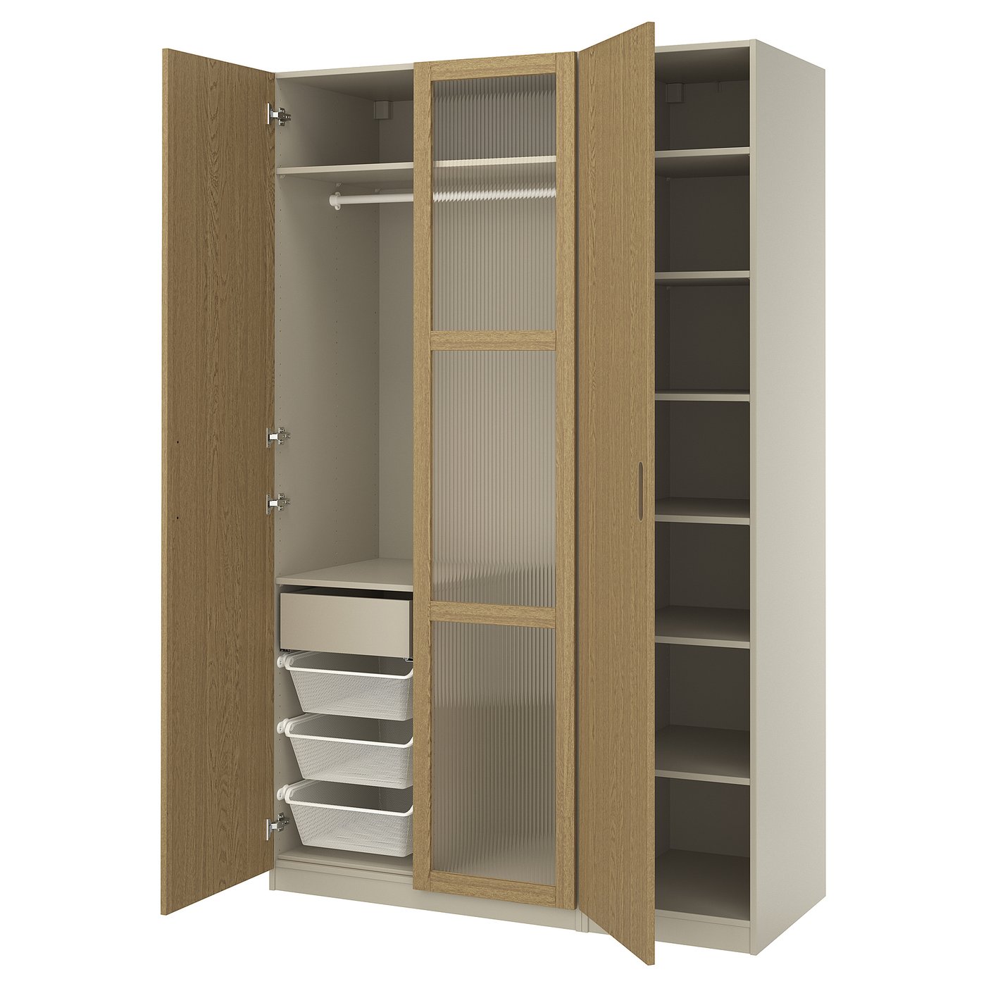 PAX / TONSTAD Kledingkastcombinatie grijsbeige/eikenfineer glas 150x60x236 cm